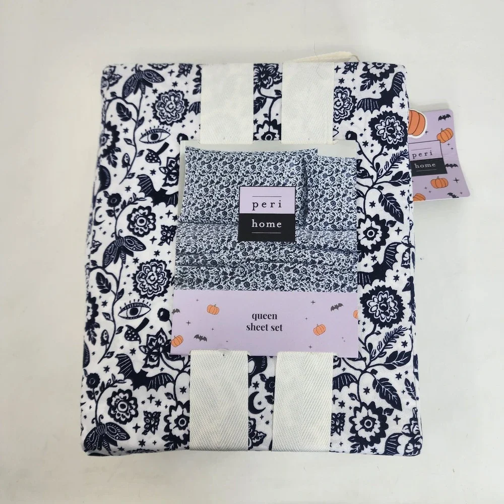 Peri Home Queen Sheet Set White Navy Gothic Skulls Bats Halloween Toile 4pc NEW